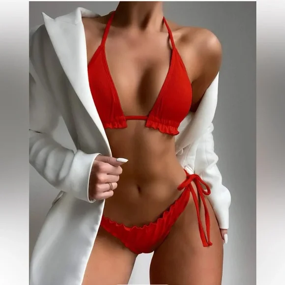 Lettuce Trim Red Ruffle Micro Bikini - Picture 2 of 4